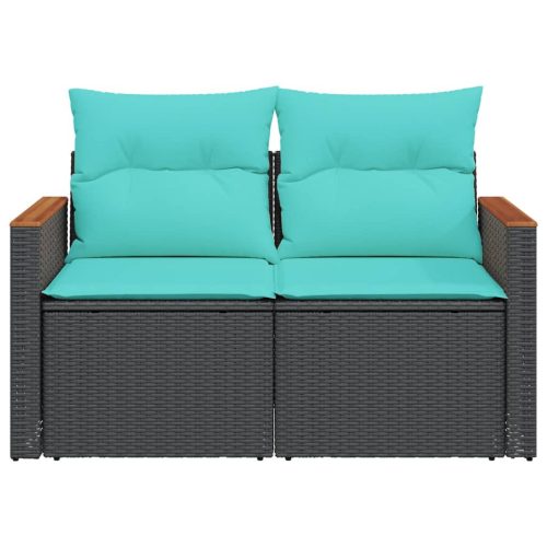  kétszemélyes fekete polyrattan kerti kanapé párnákkal