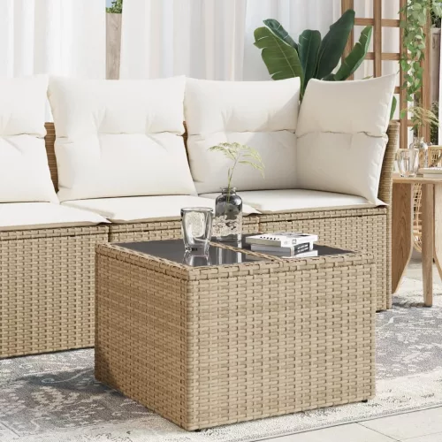  bézs polyrattan üveglapos kerti asztal 55 x 55 x 37 cm