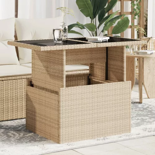  bézs polyrattan üveglapos kerti asztal 100 x 55 x 73 cm