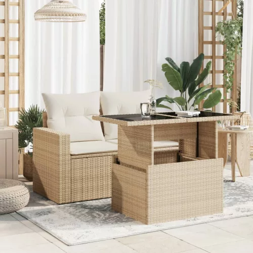  bézs polyrattan üveglapos kerti asztal 100 x 55 x 73 cm