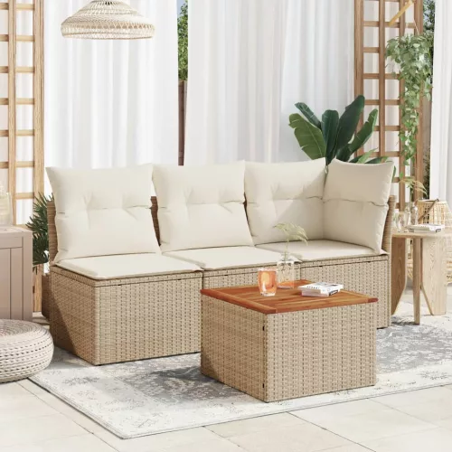 bézs polyrattan és akácfa kerti asztal 55 x 55 x 37 cm