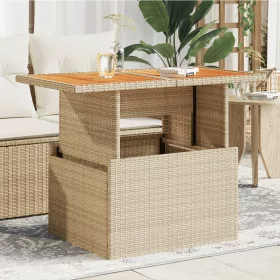  bézs polyrattan és akácfa kerti asztal 100 x 55 x 73 cm