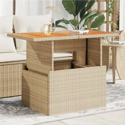 bézs polyrattan és akácfa kerti asztal 100 x 55 x 73 cm