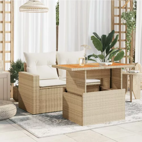  bézs polyrattan és akácfa kerti asztal 100 x 55 x 73 cm
