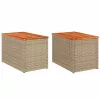  2 db bézs polyrattan és tömör fa kerti kisasztal 55x34x37 cm