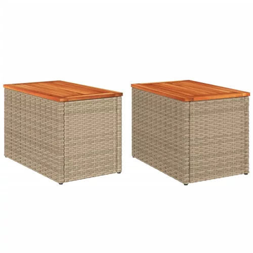  2 db bézs polyrattan és tömör fa kerti kisasztal 55x34x37 cm