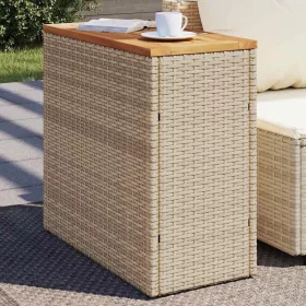    bézs polyrattan kerti kisasztal fa asztallappal 58x27,5x55 cm