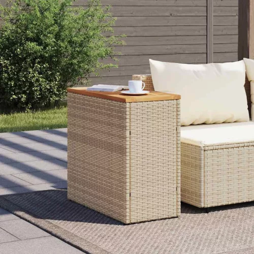  bézs polyrattan kerti kisasztal fa asztallappal 58x27,5x55 cm