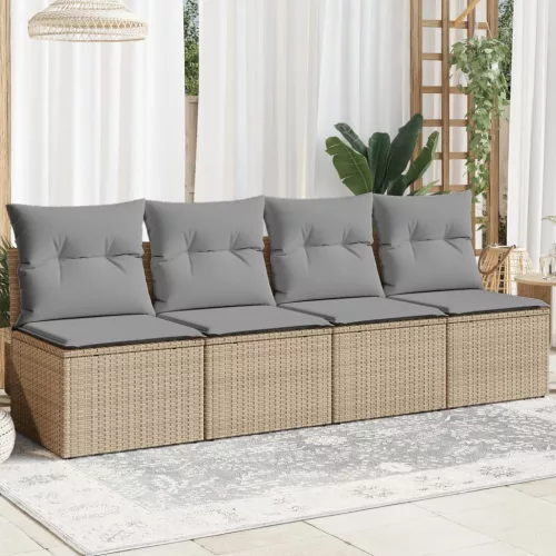  4 személyes bézs polyrattan kerti kanapé párnával