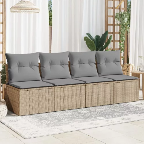  4 személyes bézs polyrattan kerti kanapé párnával