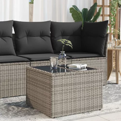  szürke polyrattan üveglapos kerti asztal 55 x 55 x 37 cm