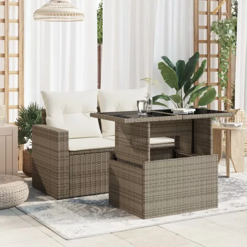 szürke polyrattan üveglapos kerti asztal 100x55x73 cm