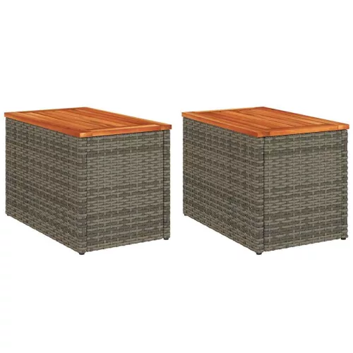  2 db szürke polyrattan és tömör fa kerti kisasztal 55x34x37 cm