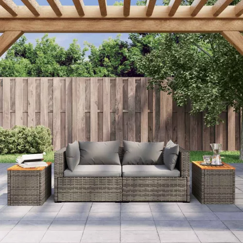  2 db szürke polyrattan és tömör fa kerti kisasztal 55x34x37 cm