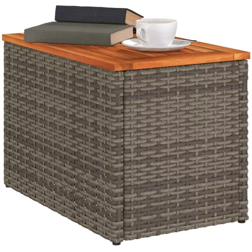  2 db szürke polyrattan és tömör fa kerti kisasztal 55x34x37 cm