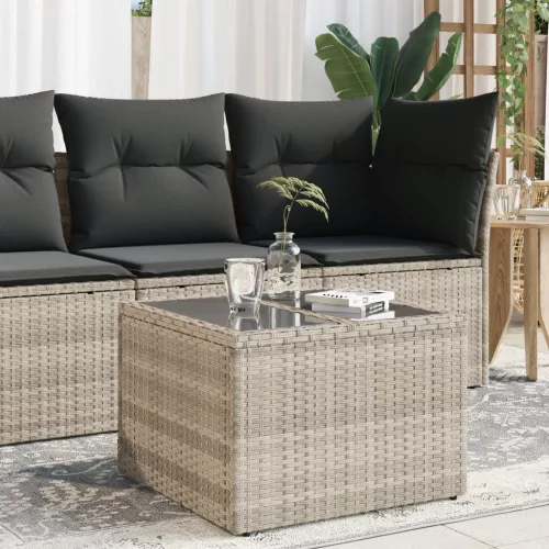  világosszürke polyrattan üveglapos kerti asztal 55x55x37 cm