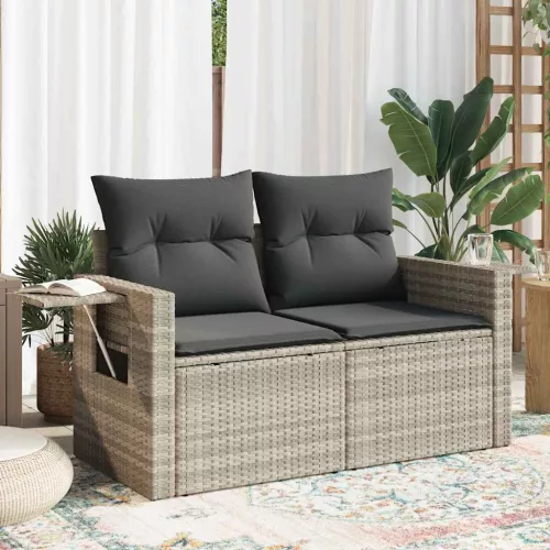  2 személyes világosszürke polyrattan kerti kanapé párnával