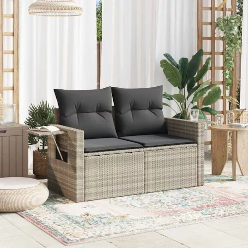  2 személyes világosszürke polyrattan kerti kanapé párnával