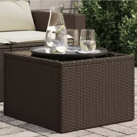  barna polyrattan üveglapos kerti asztal 55 x 55 x 37 cm