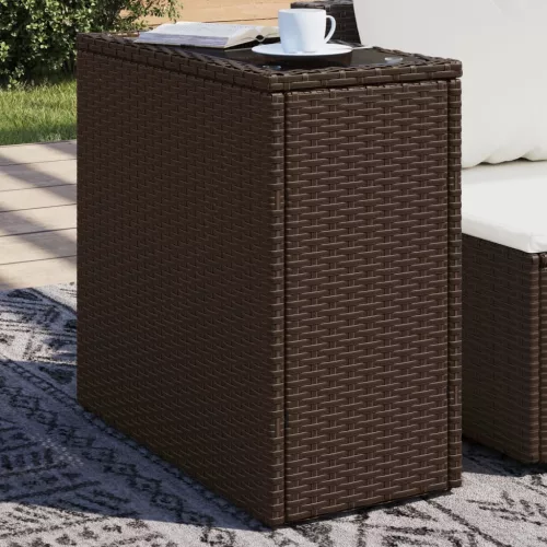  barna polyrattan kerti kisasztal üveg lappal 58 x 27,5 x 55 cm