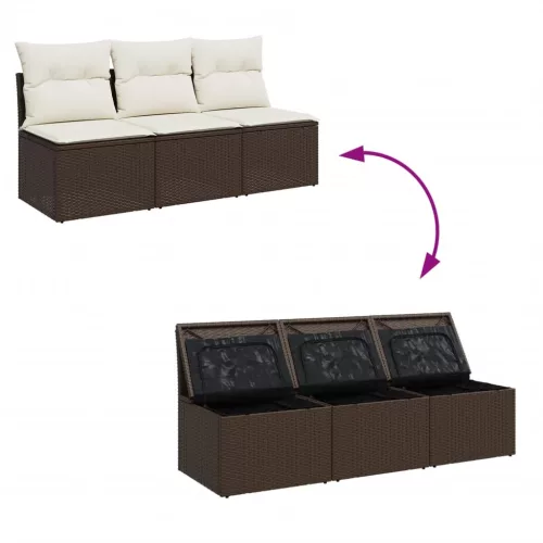  3 személyes barna polyrattan kerti kanapé párnával