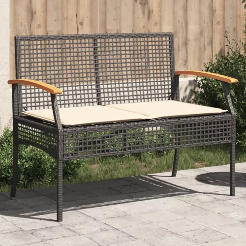  fekete polyrattan és akácfa kerti pad párnával