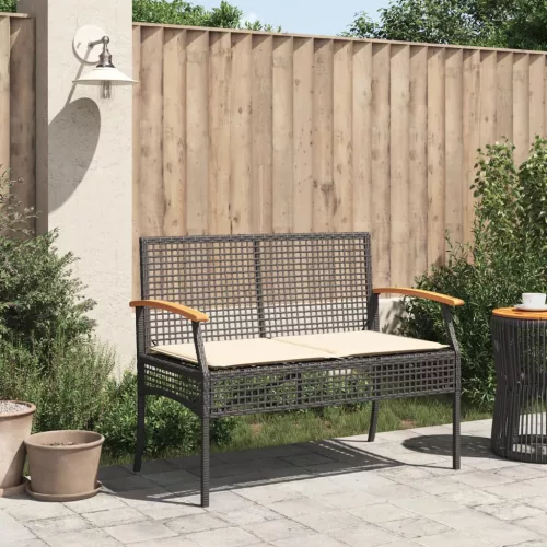  fekete polyrattan és akácfa kerti pad párnával