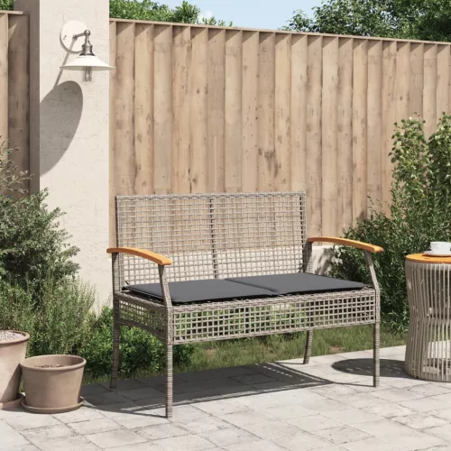  szürke polyrattan és akácfa kerti pad párnával
