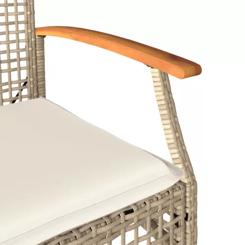 3 részes bézs polyrattan és akácfa bisztrószett párnákkal