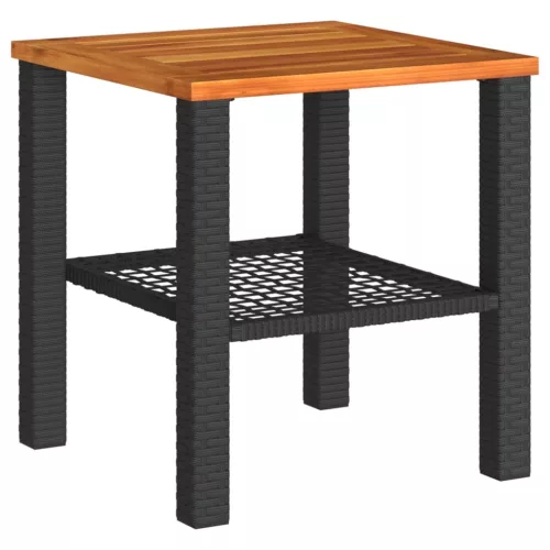  fekete polyrattan és akácfa kerti asztal 40 x 40 x 42 cm
