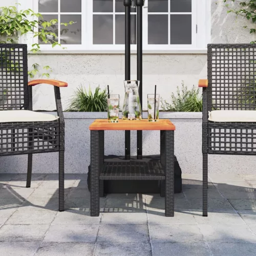  fekete polyrattan és akácfa kerti asztal 40 x 40 x 42 cm