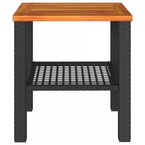  fekete polyrattan és akácfa kerti asztal 40 x 40 x 42 cm