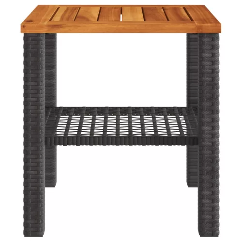  fekete polyrattan és akácfa kerti asztal 40 x 40 x 42 cm