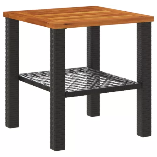  fekete polyrattan és akácfa kerti asztal 40 x 40 x 42 cm
