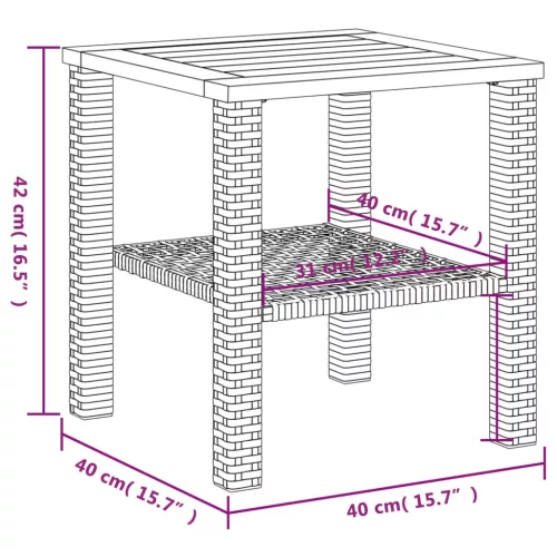  fekete polyrattan és akácfa kerti asztal 40 x 40 x 42 cm