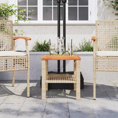  bézs polyrattan és akácfa kerti asztal 40 x 40 x 42 cm