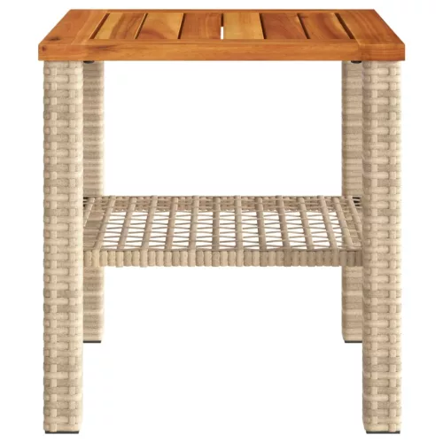  bézs polyrattan és akácfa kerti asztal 40 x 40 x 42 cm