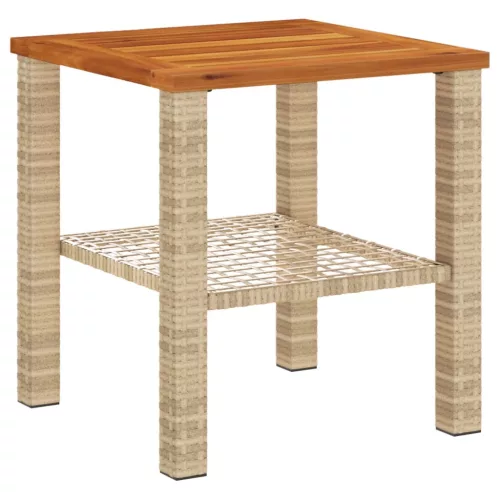  bézs polyrattan és akácfa kerti asztal 40 x 40 x 42 cm