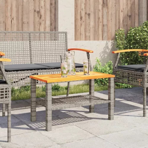  szürke polyrattan és akácfa kerti asztal 70 x 38 x 42 cm