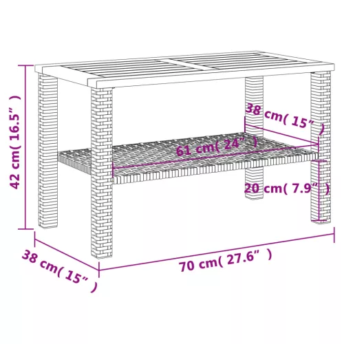  szürke polyrattan és akácfa kerti asztal 70 x 38 x 42 cm