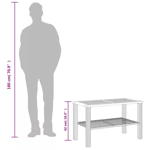  szürke polyrattan és akácfa kerti asztal 70 x 38 x 42 cm