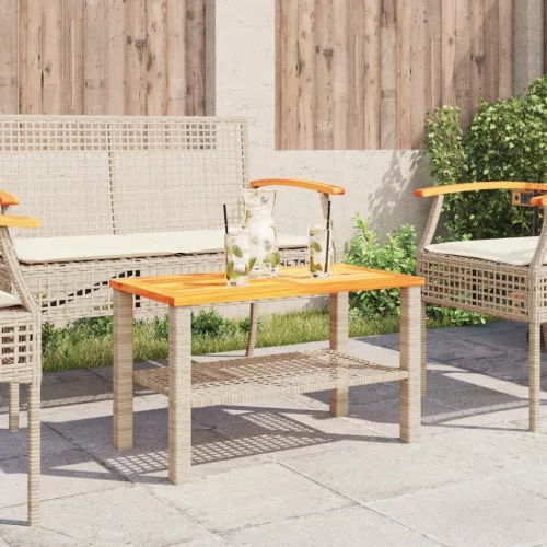  bézs polyrattan és akácfa kerti asztal 70 x 38 x 42 cm