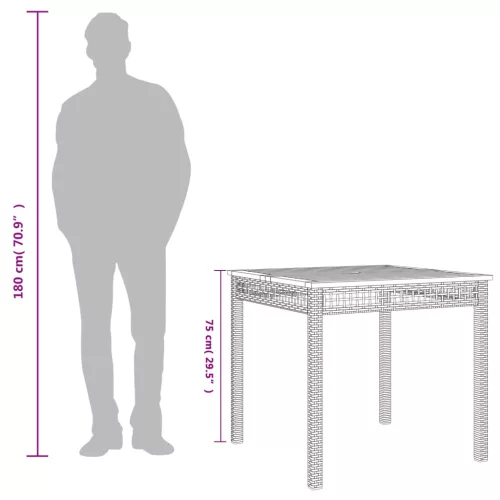  szürke polyrattan és akácfa kerti asztal 80 x 80 x 74 cm