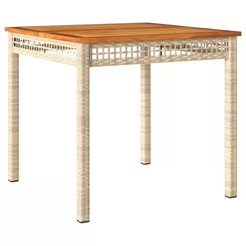  bézs polyrattan és akácfa kerti asztal 80 x 80 x 75 cm