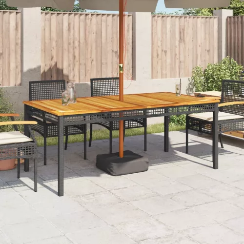  fekete polyrattan és akácfa kerti asztal 180 x 90 x 75 cm