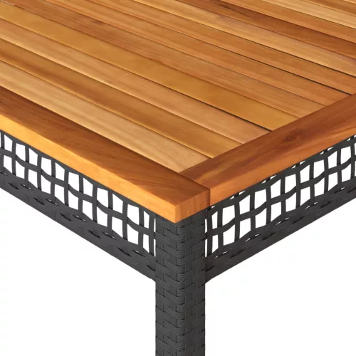  fekete polyrattan és akácfa kerti asztal 180 x 90 x 75 cm