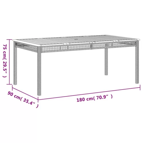  fekete polyrattan és akácfa kerti asztal 180 x 90 x 75 cm
