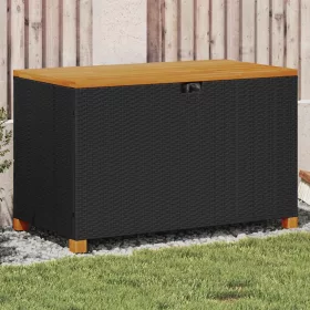    fekete polyrattan és akácfa kerti tárolóláda 110 x 55 x 63 cm