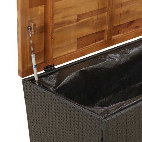  fekete polyrattan és akácfa kerti tárolóláda 110 x 55 x 63 cm