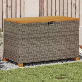    szürke polyrattan és akácfa kerti tárolóláda 110 x 55 x 63 cm